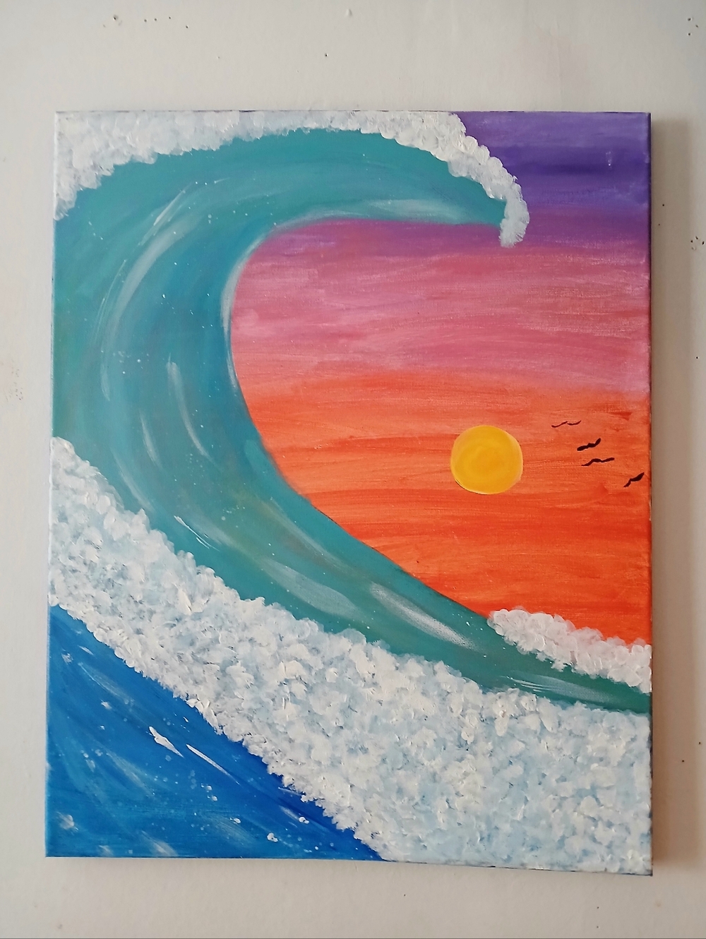 Beach Wave Sunset 16 × 20 Acrylic Canvas Painting.